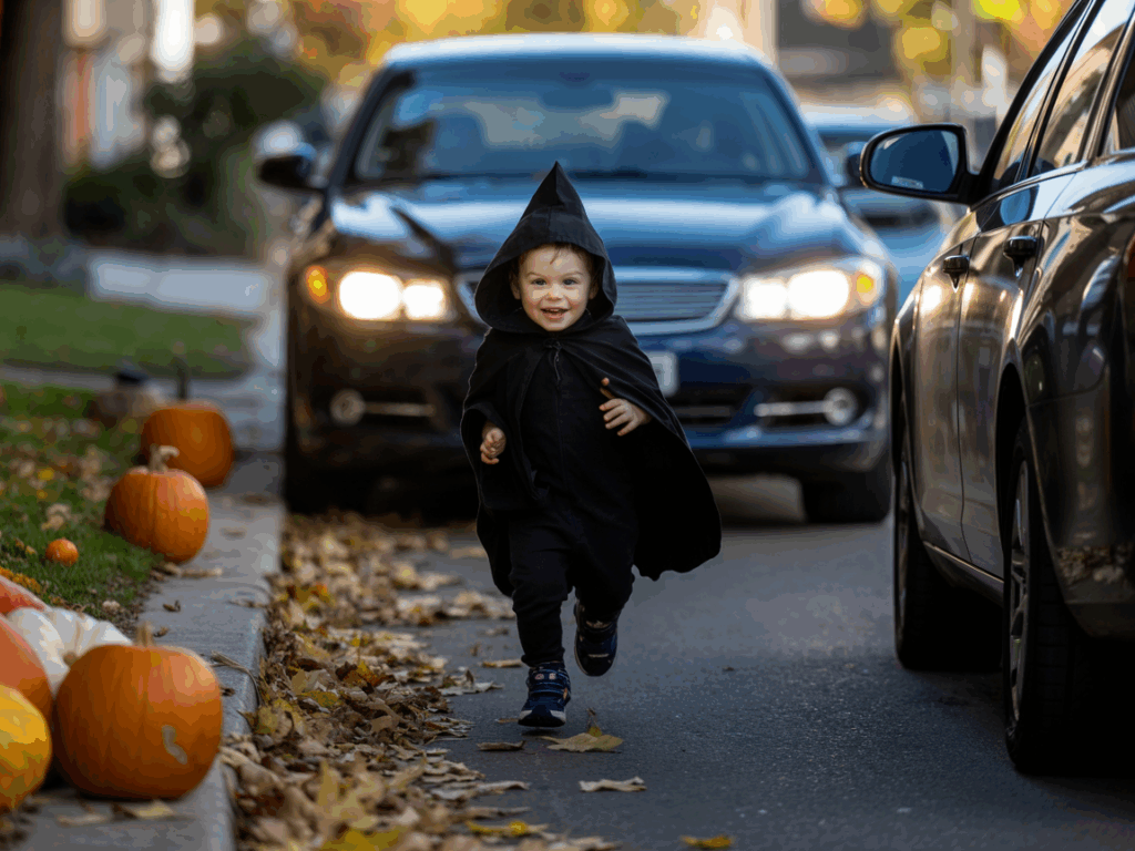 vehicle’s headlights highlight the child suddenly appearing in the roadway