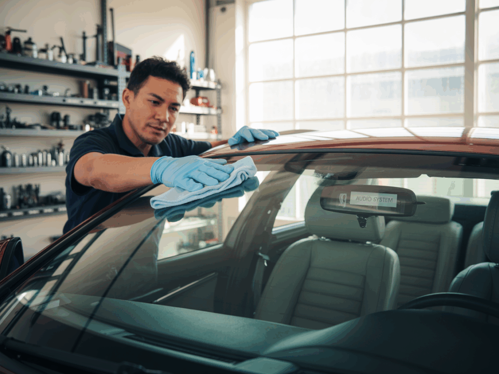 technician wiping down a freshly installed windshield with a microfiber cloth