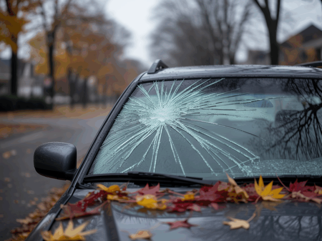windshield with a long crack running across the glass