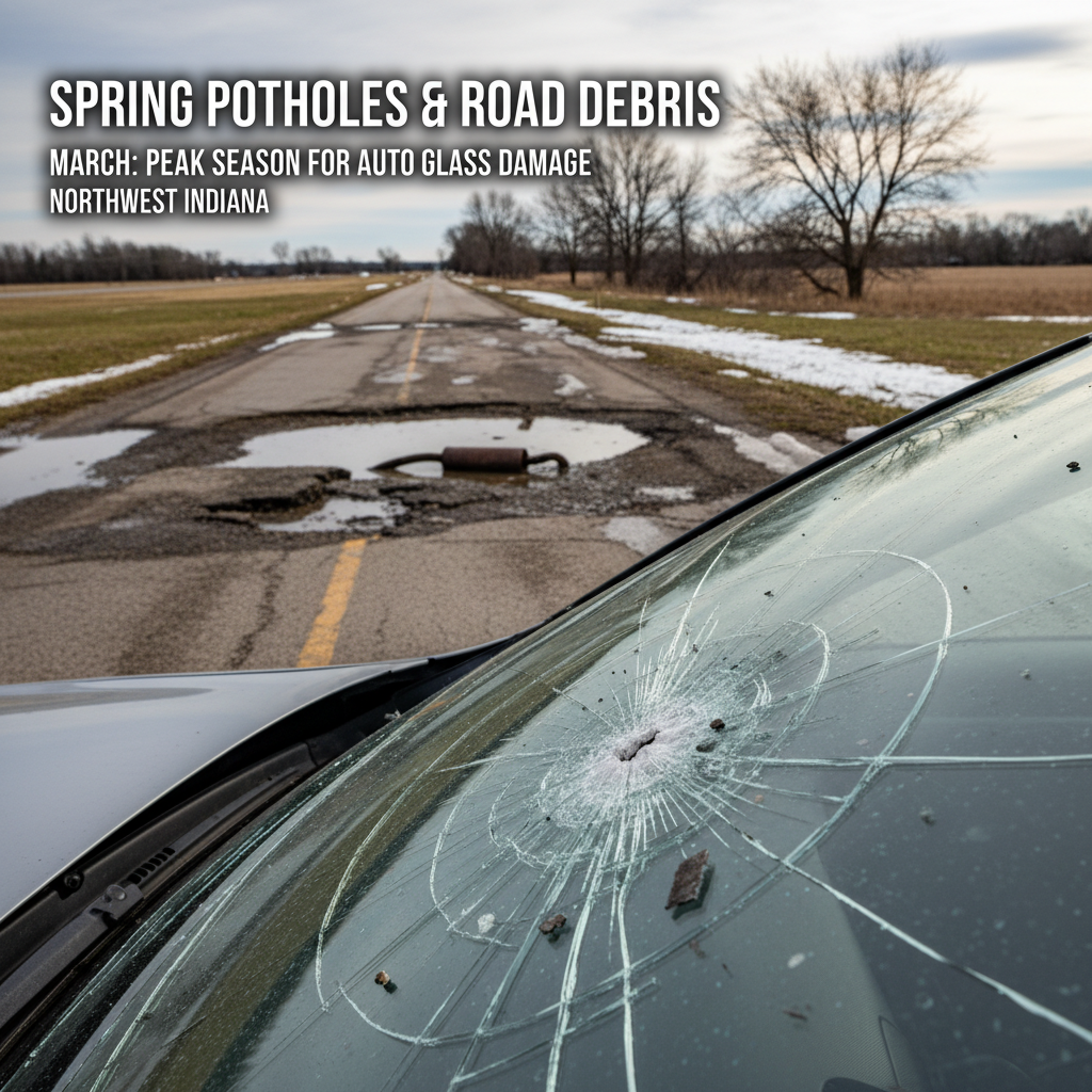 Pothole damage, auto glass repair, Northwest Indiana, spring road debris, cracked windshield.