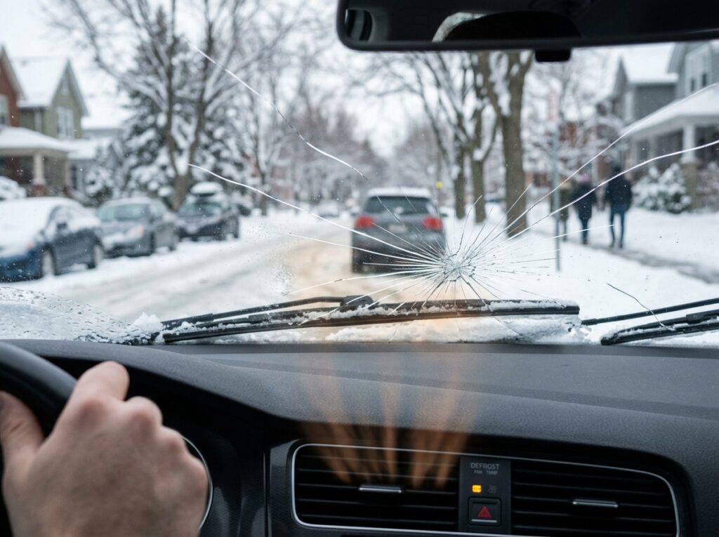Car defroster vent blowing hot air on a cracked windshield covered in winter frost and ice.