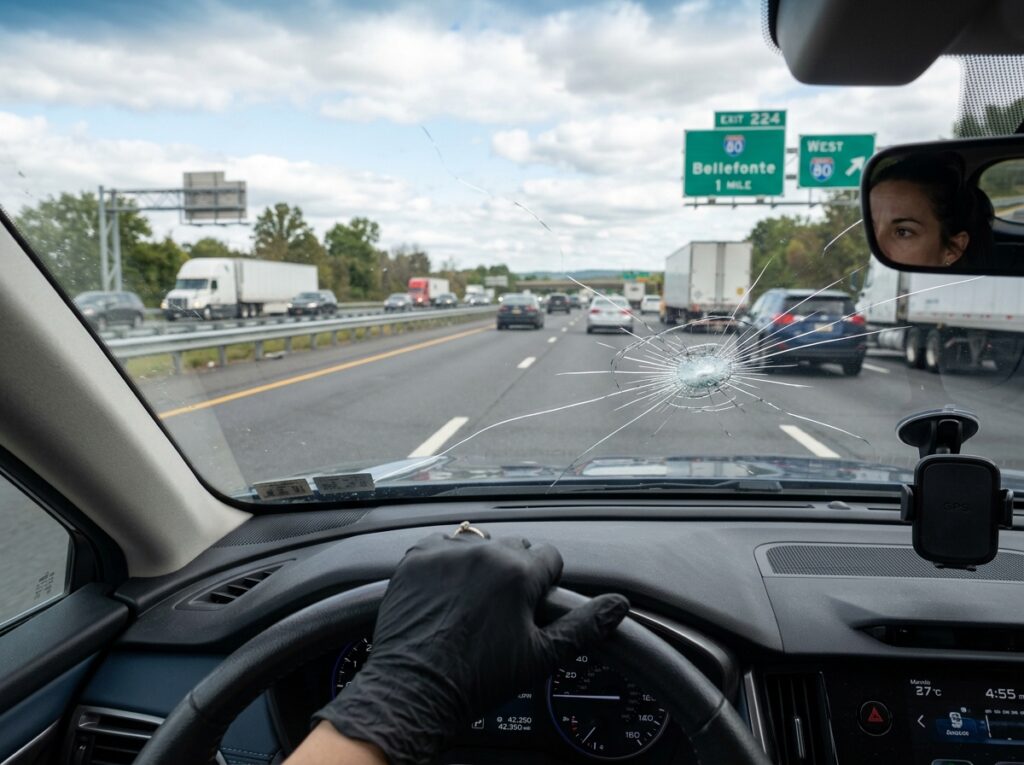 Car on highway shoulder with rock cracked windshield needing auto glass repair service.